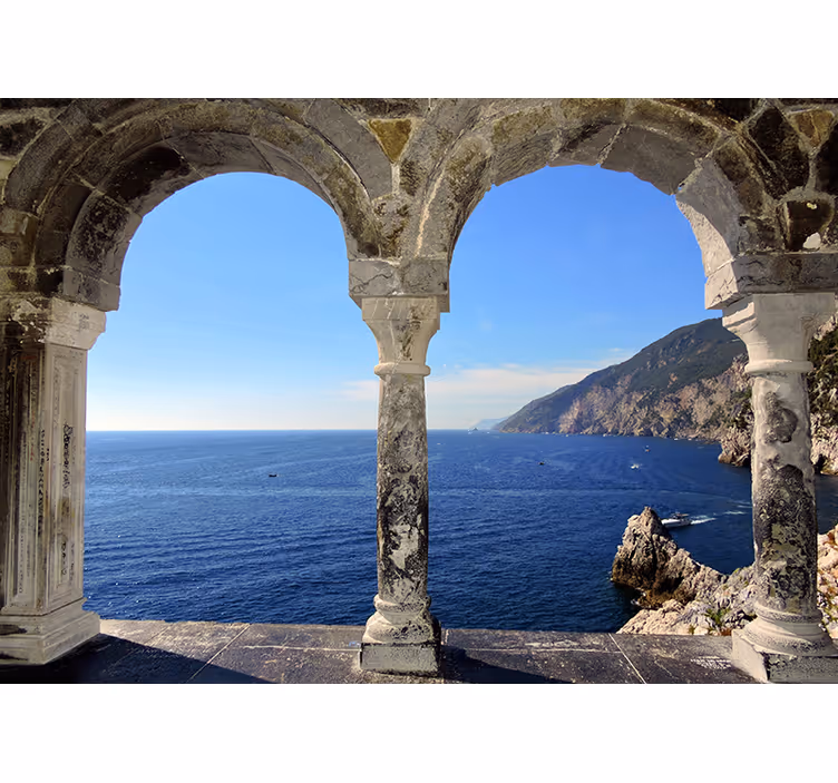 Living room roller blind coastal view arches - TenStickers