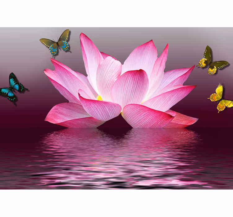 Living room roller blind pink lotus flower with butterflies - TenStickers
