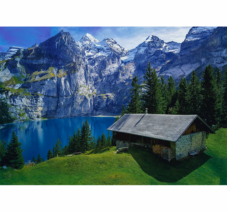 Living room roller blind cabin by the lake and mountains - TenStickers