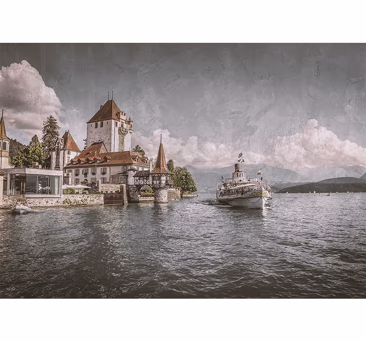 Living room roller blind classic lakeside house with boat - TenStickers