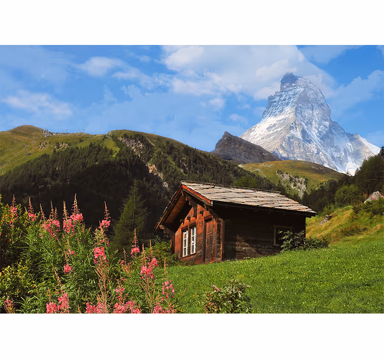 Living room roller blind green field with shed and mountain - TenStickers