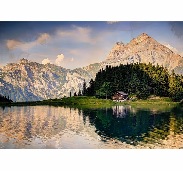 Living room roller blind house by the lake mountains - TenStickers
