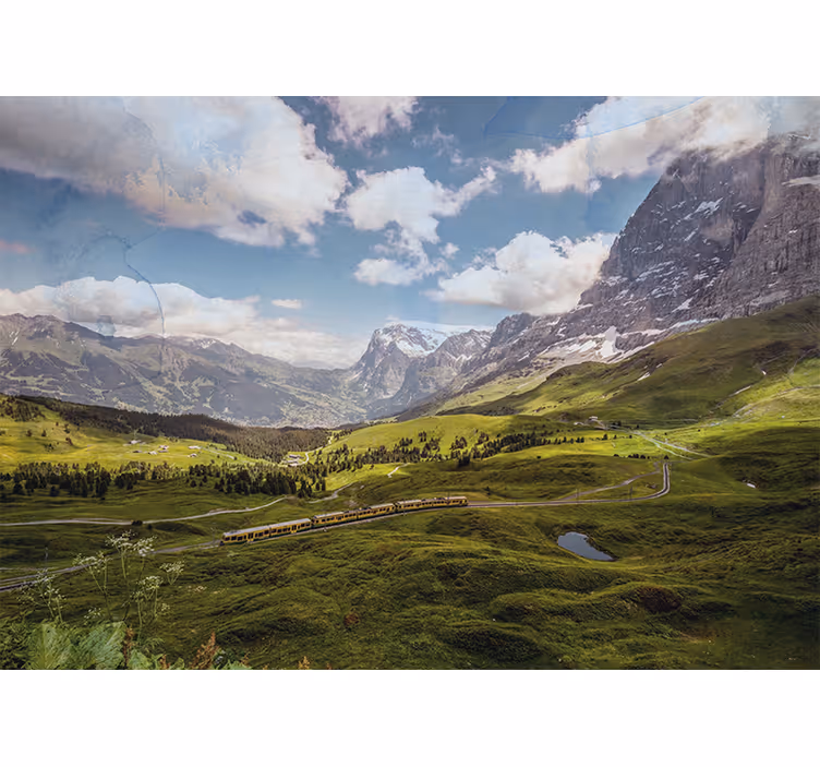 Living room roller blind green field with mountains - TenStickers