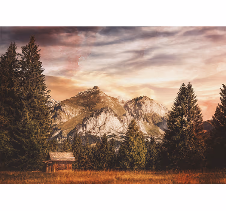 Living room roller blind forest cabin with mountains - TenStickers
