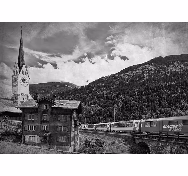 Living room roller blind train crossing a town - TenStickers