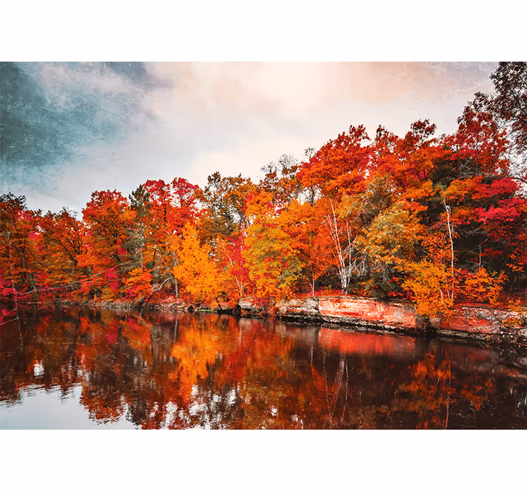 Living room roller blind autumn forest lake reflection - TenStickers