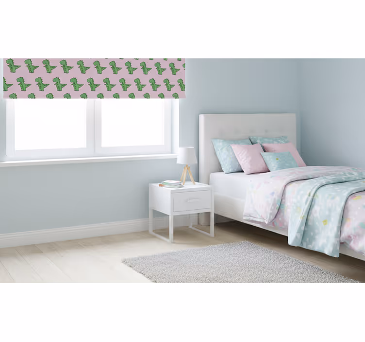 Pink roller blind with little dinosaurs on pink background - TenStickers