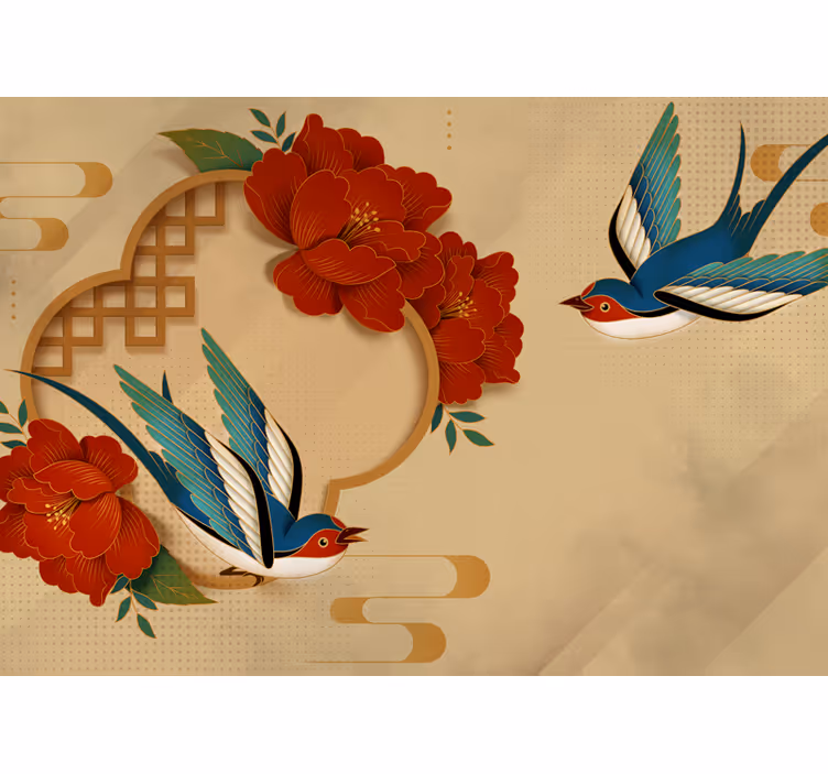 Beige roller blind birds and flowers 3d - TenStickers
