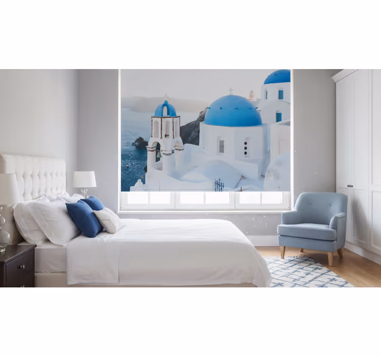 Bedroom roller blind santorini white and blue ocean - TenStickers