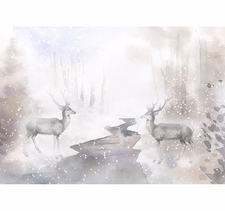 White roller blind artistic forest with white elk - TenStickers