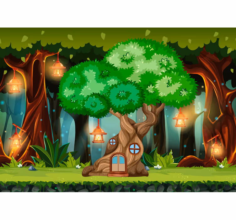 Children room roller blind fantasy tree house lanterns - TenStickers