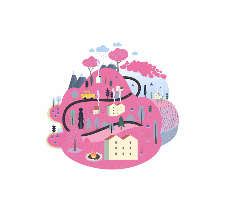 Children room roller blind pink mountains with houses - TenStickers