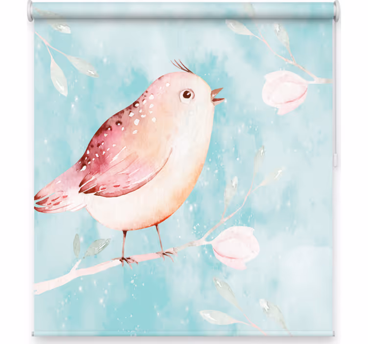 Living room roller blind with painted bird and white flowers - TenStickers