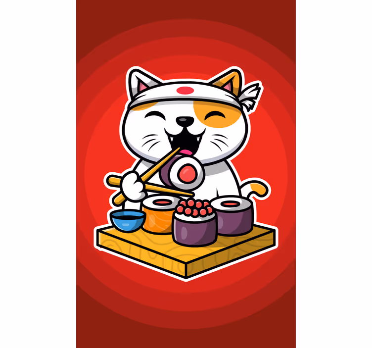 Hungry cat eating sushi Childrens blind - TenStickers