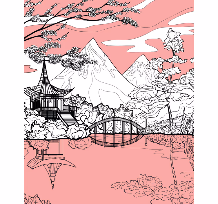 Japanese  mountains and branches Blind painting - TenStickers