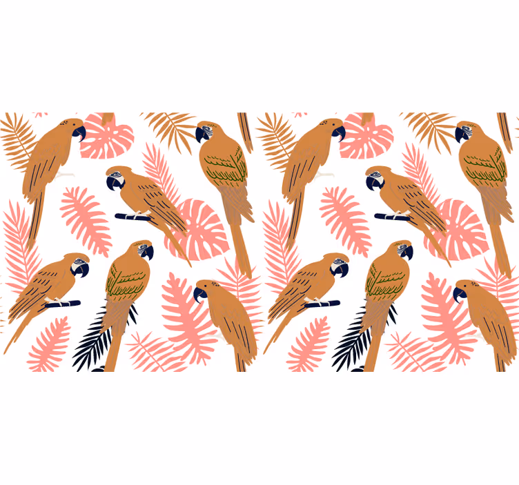 Jungle wall mural featuring orange parrots and pink flowers - TenStickers