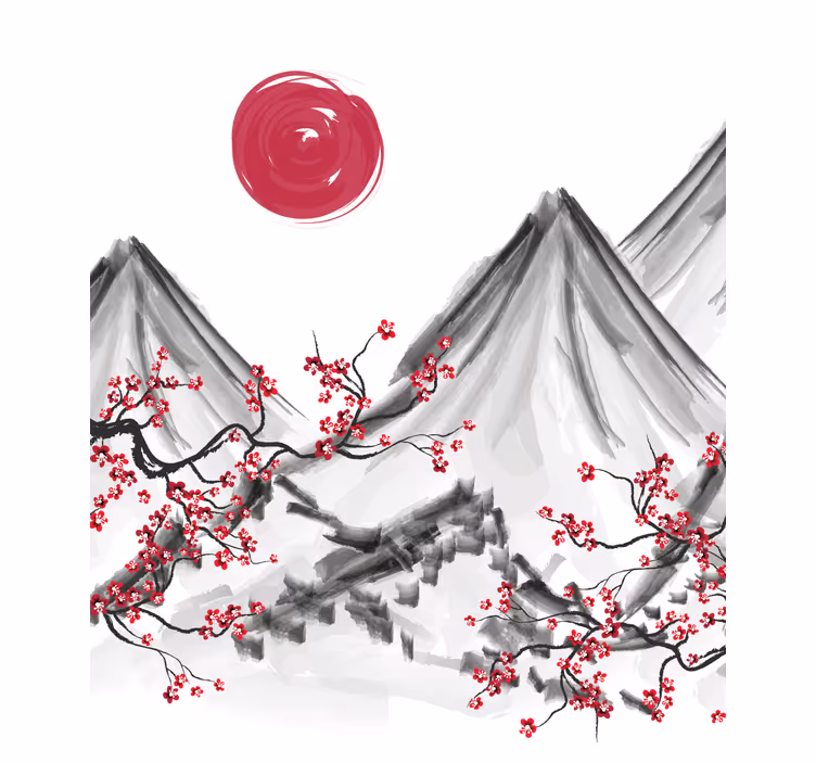 White wall mural japanese red sun design - TenStickers