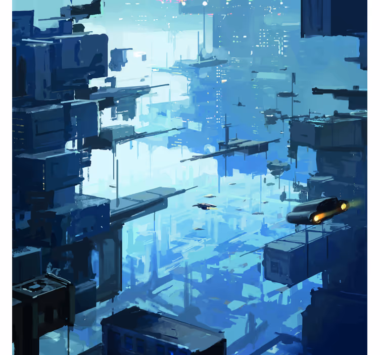 Blue wall mural futuristic city with spaceships - TenStickers
