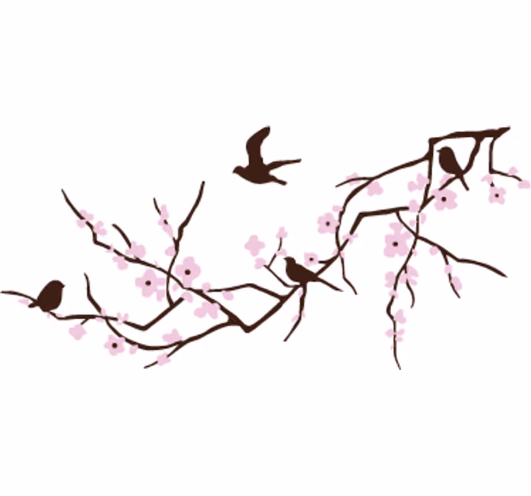 White wall mural with horizontal branch and birds - TenStickers