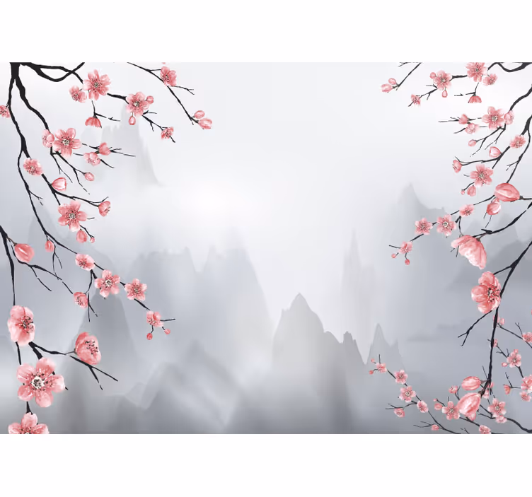 Gray wall mural featuring cherry blossoms and mountains - TenStickers