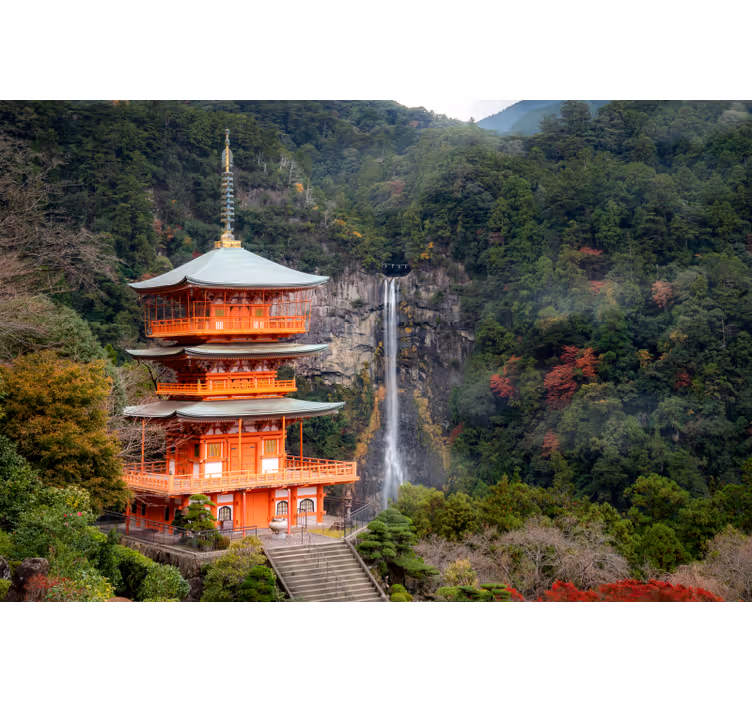 Asian building waterfall forest Wall Mural - TenStickers
