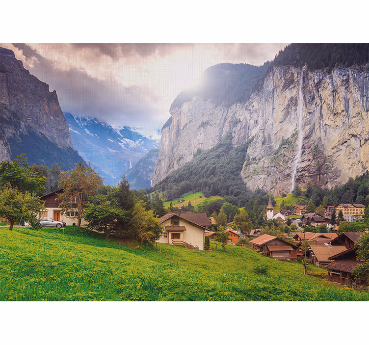 Landscape mural wallpaper mountain valley scene - TenStickers