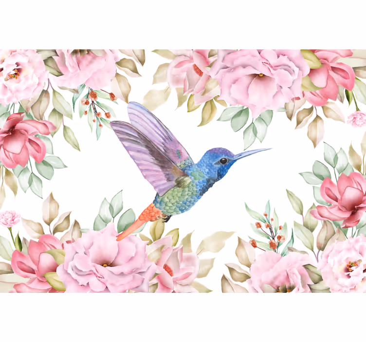 Flower mural hummingbird among blossoms - TenStickers