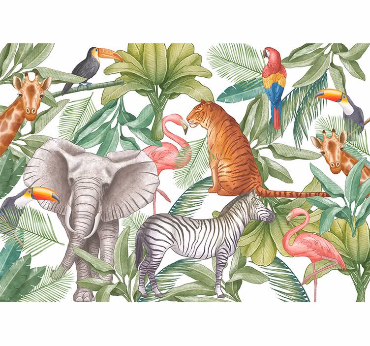 Watercolor animals design jungle wall mural - TenStickers