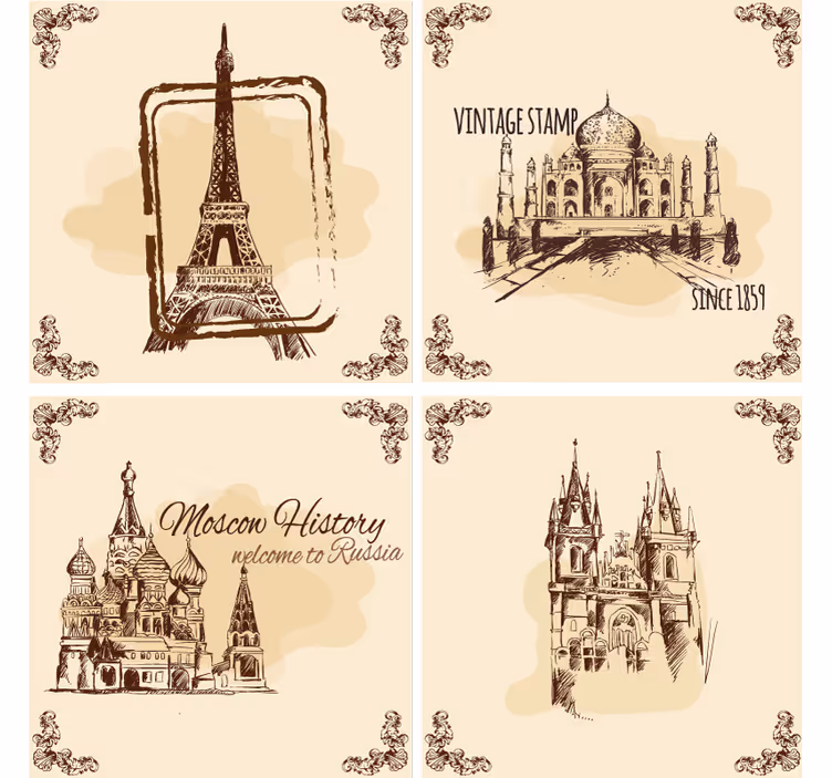 Vintage coasters historic landmark art prints - TenStickers