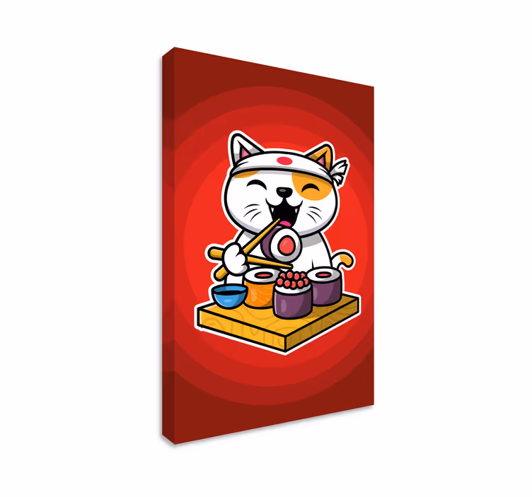 Cat wall art of a cute cat eating sushi - TenStickers