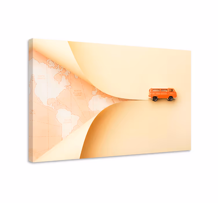 Cityscape wall art featuring a traveling orange van - TenStickers