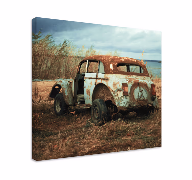 Old dirty car in the fields retro canvas art - TenStickers