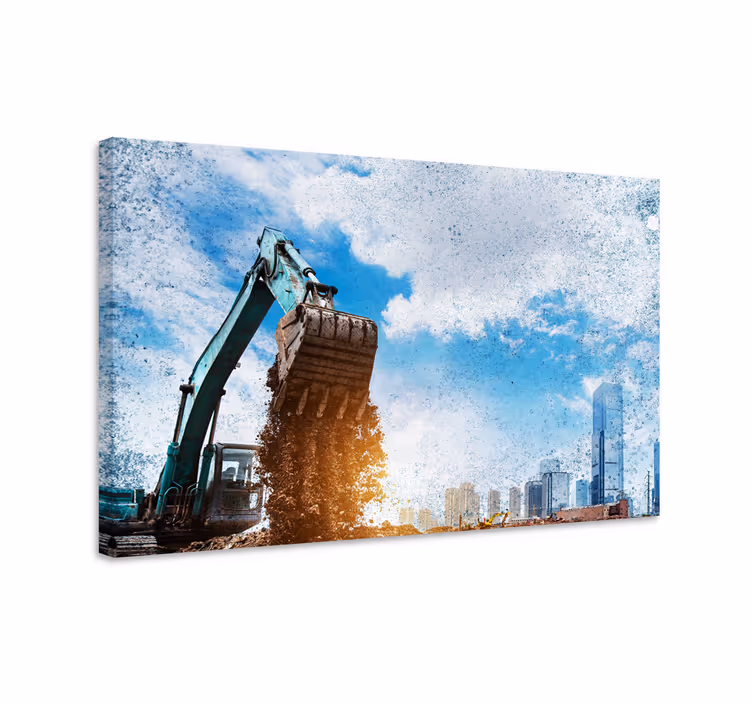 Excavator with the city behind modern canvas - TenStickers