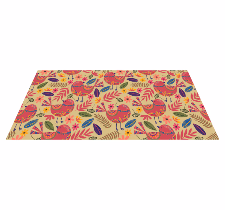 Flower vinyl rug with colorful birds folk art design - TenStickers
