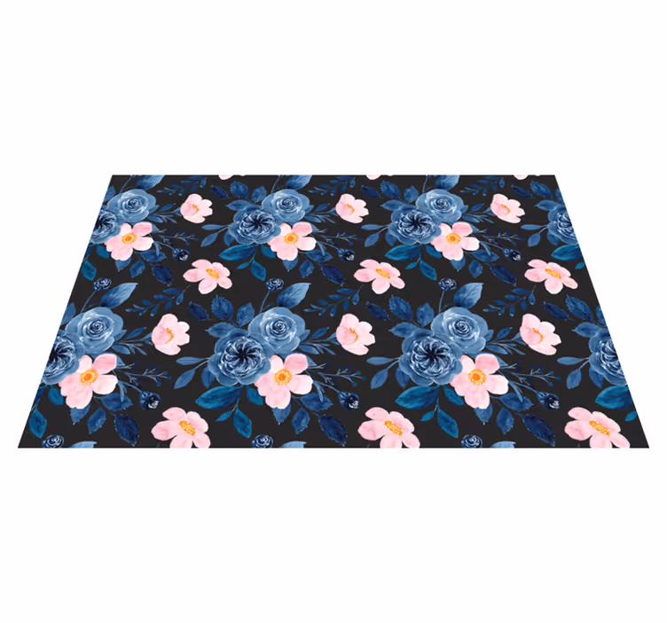 Flower vinyl rug with blue and pink pattern on black - TenStickers