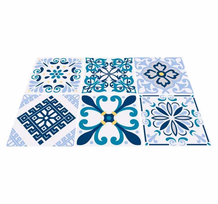 Kitchen vinyl rug in blue floral tiles design - TenStickers
