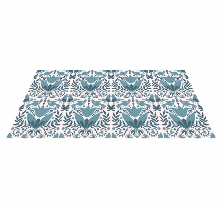 Flower vinyl rug with blue folk art birds pattern - TenStickers