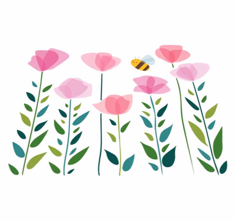Kids vinyl rug with pink flowers and a bee - TenStickers