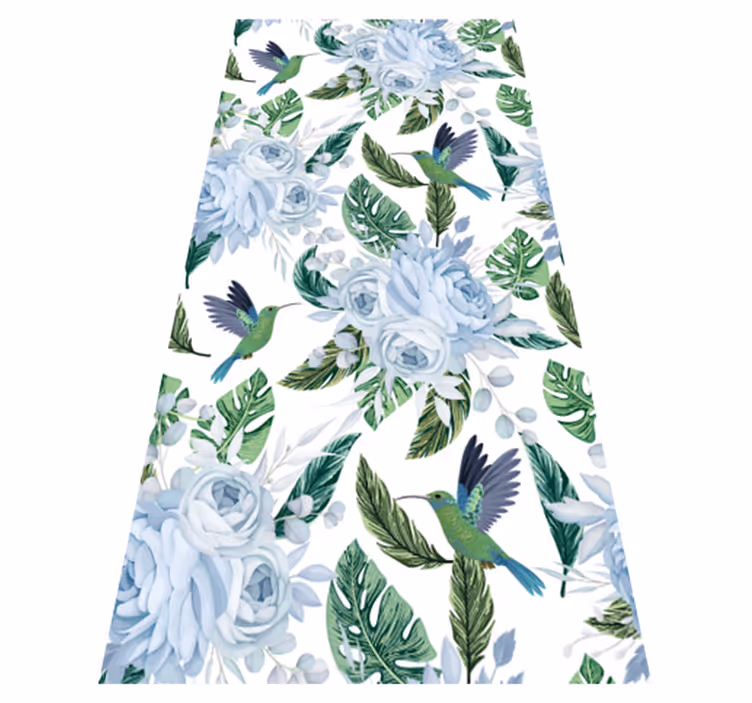Kitchen vinyl rug with blue garden flowers and birds - TenStickers