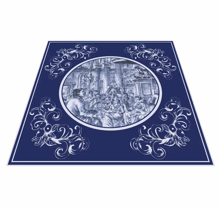 Blue delft crowd pattern kitchen vinyl rug - TenStickers