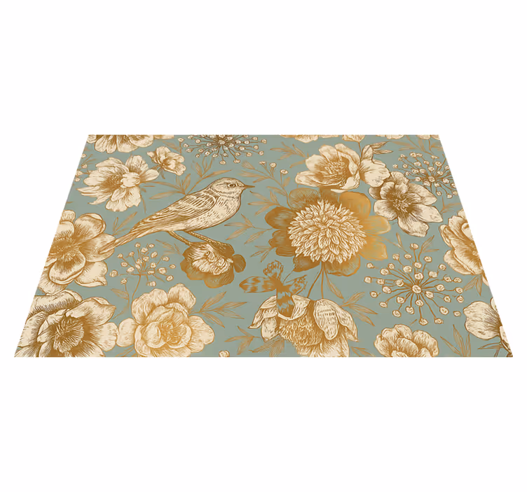 Bedroom vinyl rug in grey background with gold flowers - TenStickers