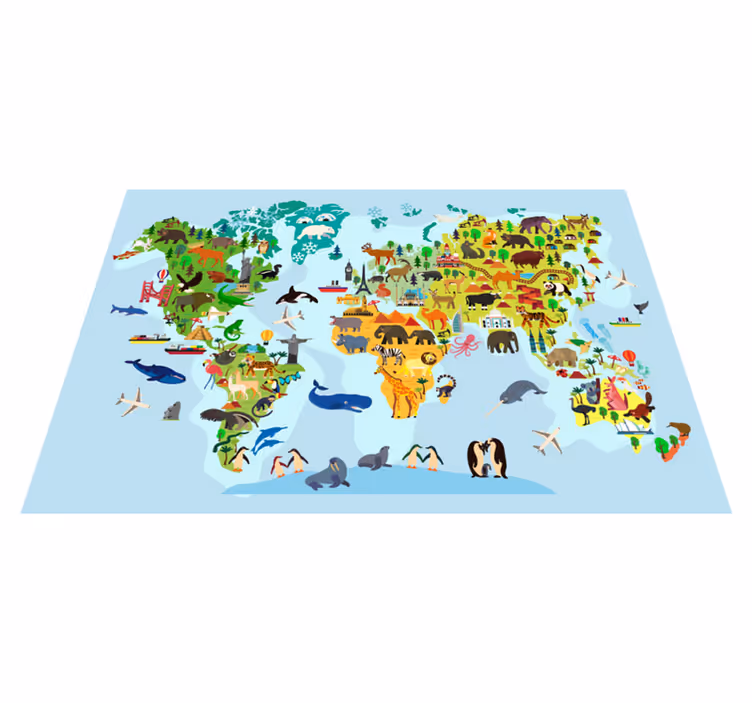 Children's world map vinyl rug with landmarks and animals - TenStickers
