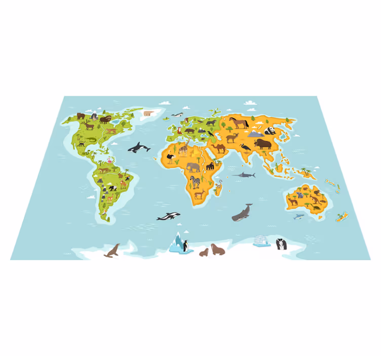 World map vinyl rug with fauna and flora design - TenStickers