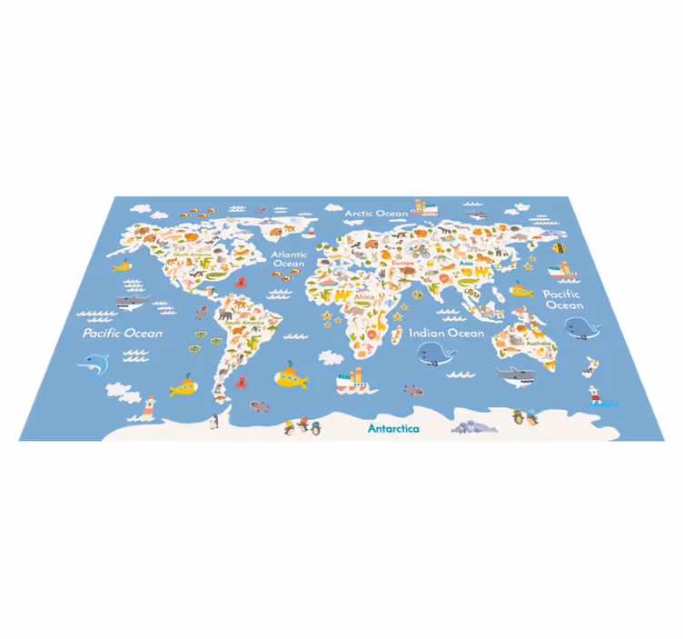 World map vinyl rug white animal design for kids - TenStickers