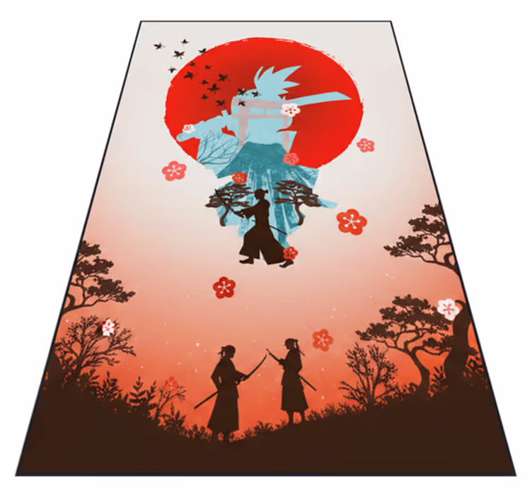 Red vinyl rug featuring anime fighter sunset art - TenStickers