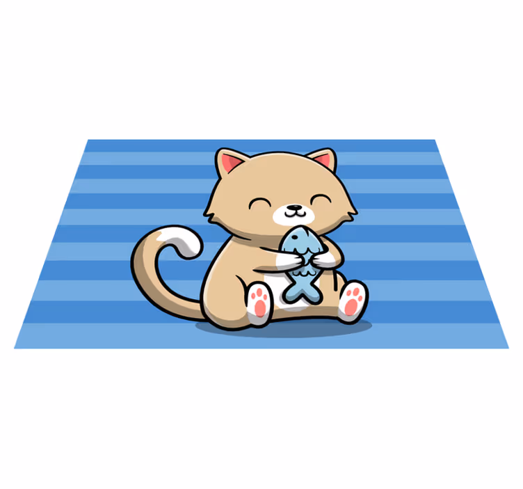 Cute cat with fish animal vinyl rug - TenStickers