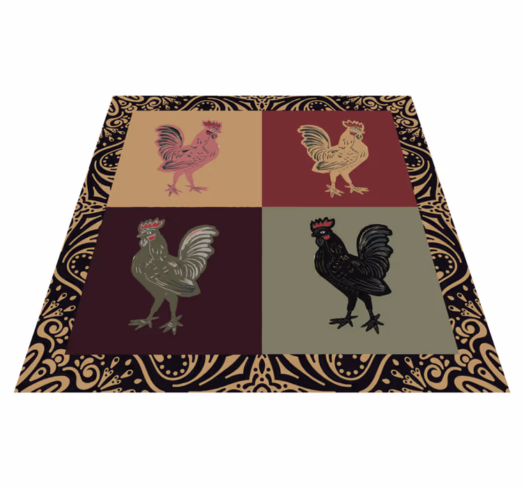 Four rooster ethnical style square vinyl rug - TenStickers