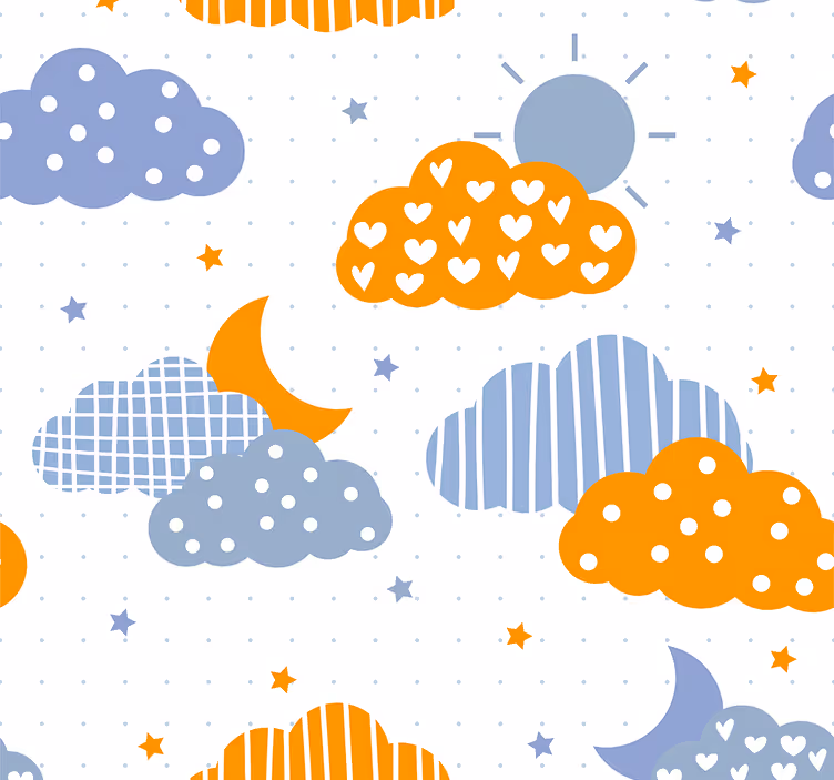 Blue and orange clouds and sun kids wallpaper - TenStickers
