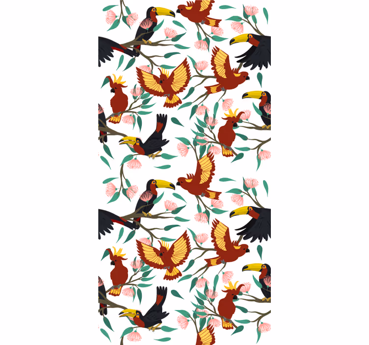 Kids wallpaper featuring flying parrots and toucans - TenStickers