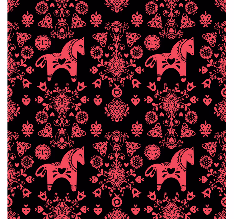 Floral ornament wallpaper with folkloric horse design - TenStickers